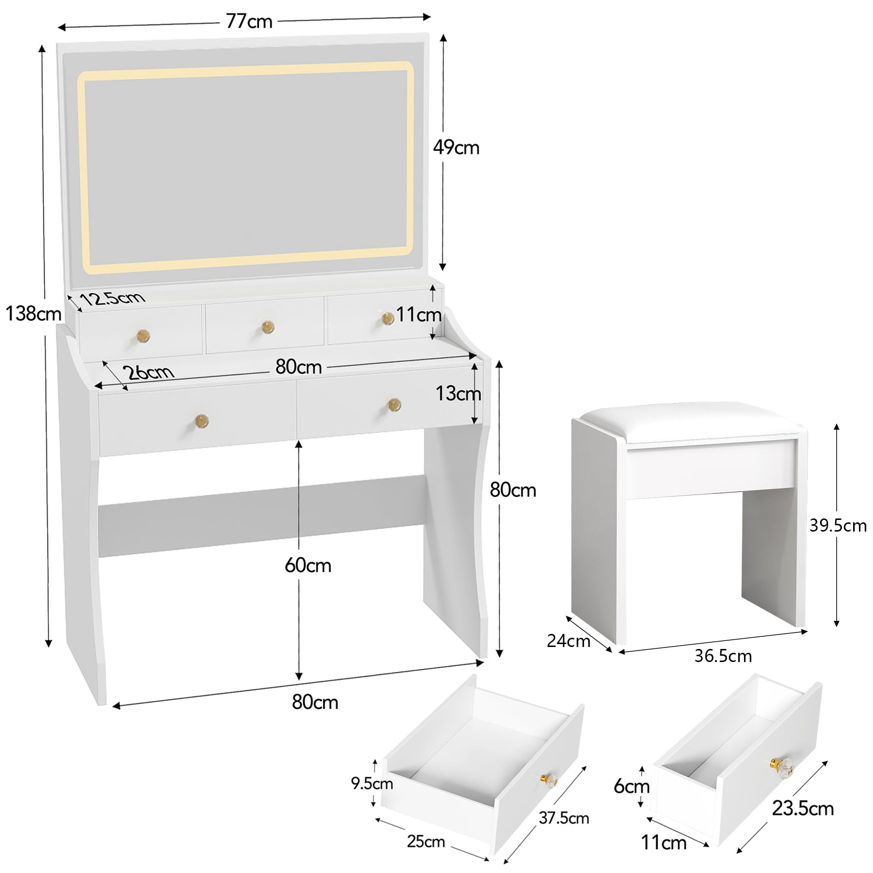 COMHOMA schminktisch, schminktische mit Beleuchtung und 5 Schubladen, schminktisch mit verstellbaren LED-Beleuchtung und Steckdosen, Frisiertisch und Hocker, modern, 40 x 80 x 135 cm, weiß