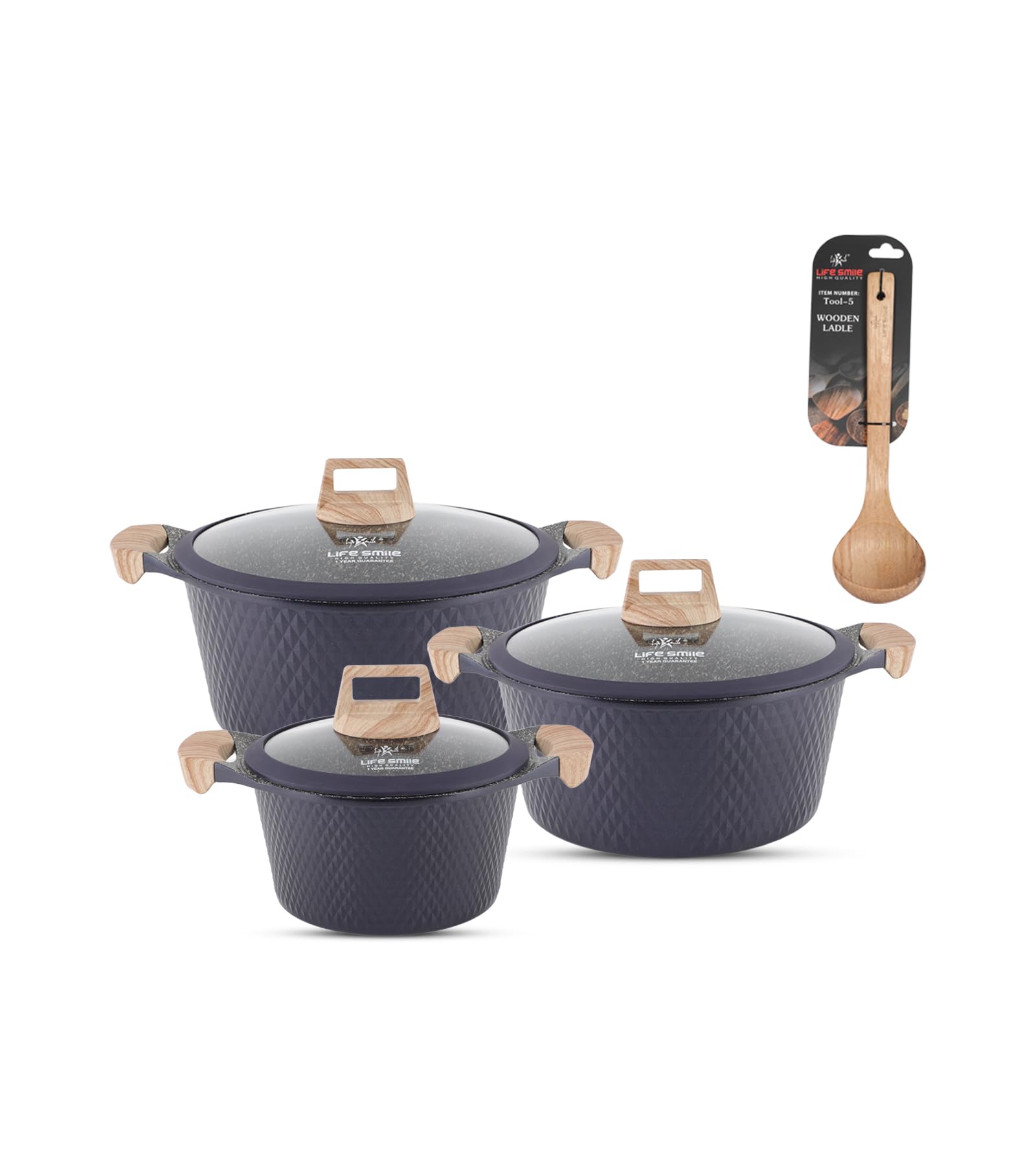 LIFE SMILE Cooking Pots Set - Granite Stone cookware set Multi Layer Granite Non Stick Coating - Bakelite Handles 100% PFOA FREE, Induction Base Cooking Sets (Purple, 16/20/24CM)