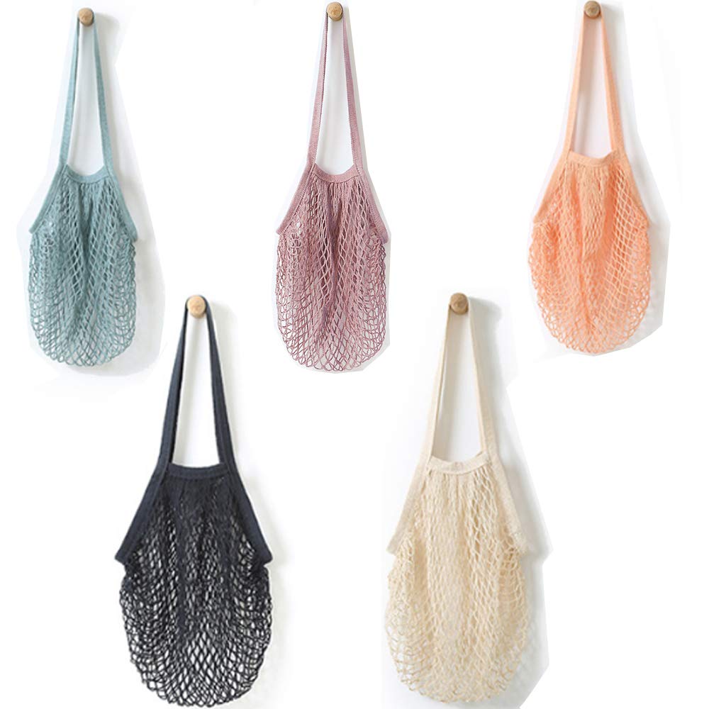 YEKEYI 5Pcs Net Shopping Bag Reusable Net Shopping Tote with Long Handles Washable Mesh Fruit Vegetable Storage Handbag Tote