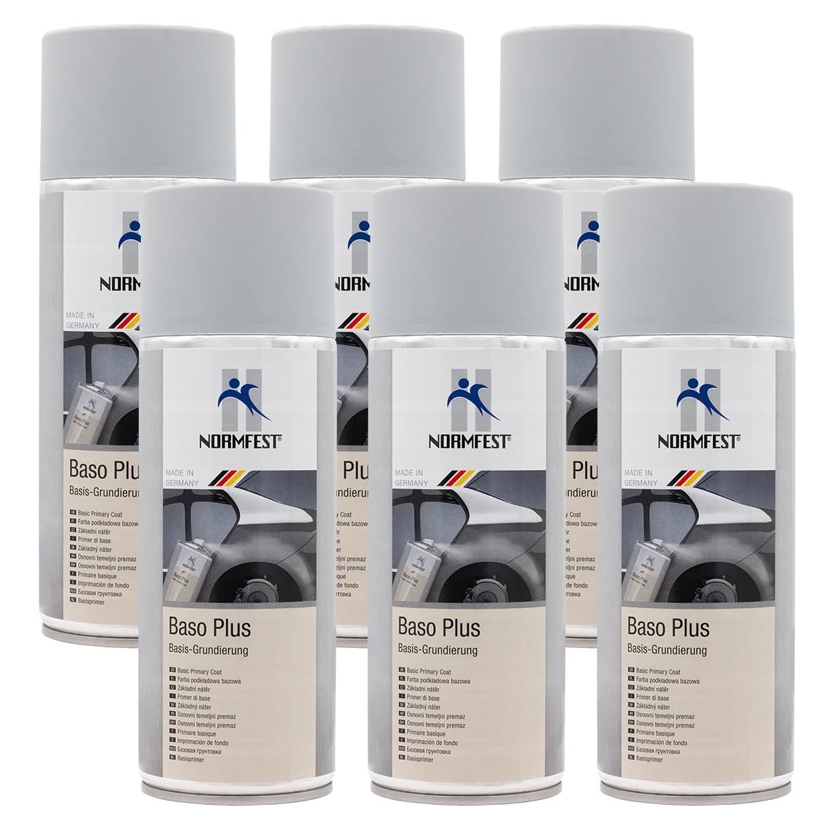 Normfest Baso Plus Basis-Grundierung – Universelle 1K-Acrylharz-Grundierung in Grau für Metall, Kunststoff, Aluminium und Karosserie-Lackierungen, 6x 400ml