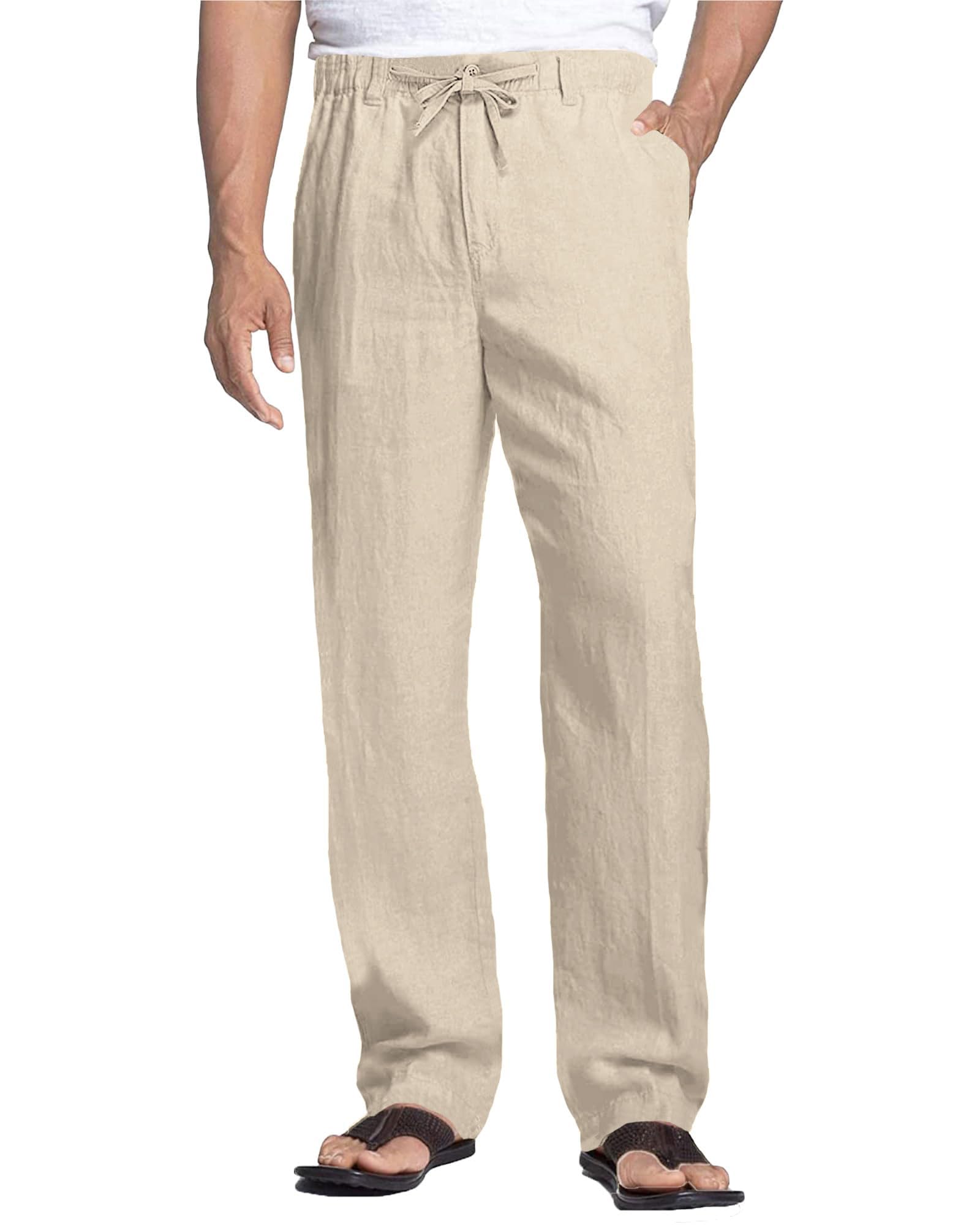 Cegerne Pantalon Lin Homme Été Long Léger Décontracté, Taille Élastique Zip et Cordon, Poches Respirant pour Plage Vacances Quotidien