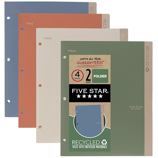 Five Star 2 Pocket Folders, 4 Pack, Recycled Plastic Folders with Stay-Put Tabs and Prong Fasteners, Fits 3-Ring Binder, Holds 11” x 8-1/2” Paper, Writable Label, Clay, Green, Blue, Gray (33002)