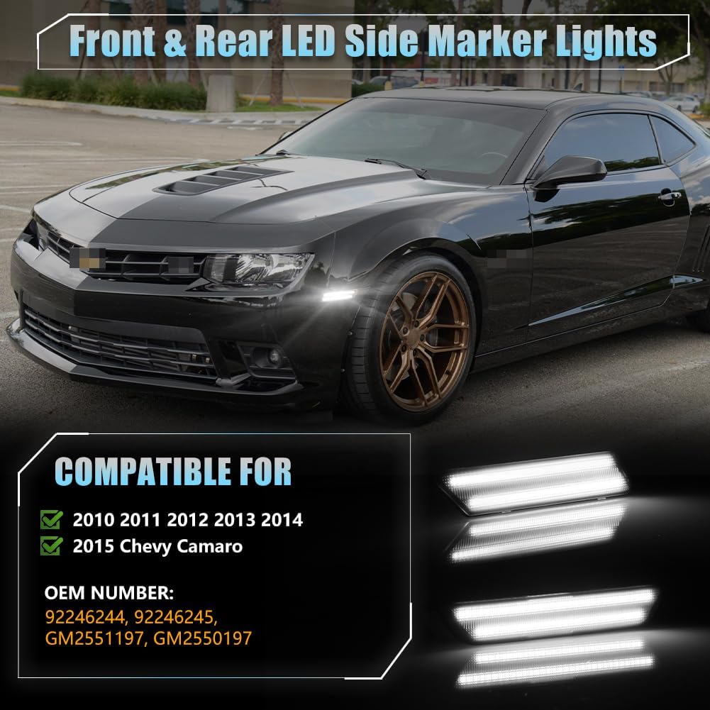 LED Side Marker Lights Smoked Lens for Chevy Camaro 2010 2011 2012 2013 2014 2015, 5th Gen Camaro White Front Rear Bumper Fender Marker Lamps Turn Signal, Side Marker Reflectors Lights, 4 PCS
