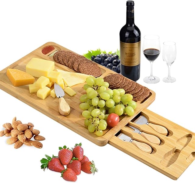 NIUXX Organic Bamboo Cheese Board with Knives, Kitchen Charcuterie Platter with 2 Compartments & 1 Sauce Container, Rectangle Serving Tray Plate Bread Board with Hidden Tableware Drawer, Great Gift