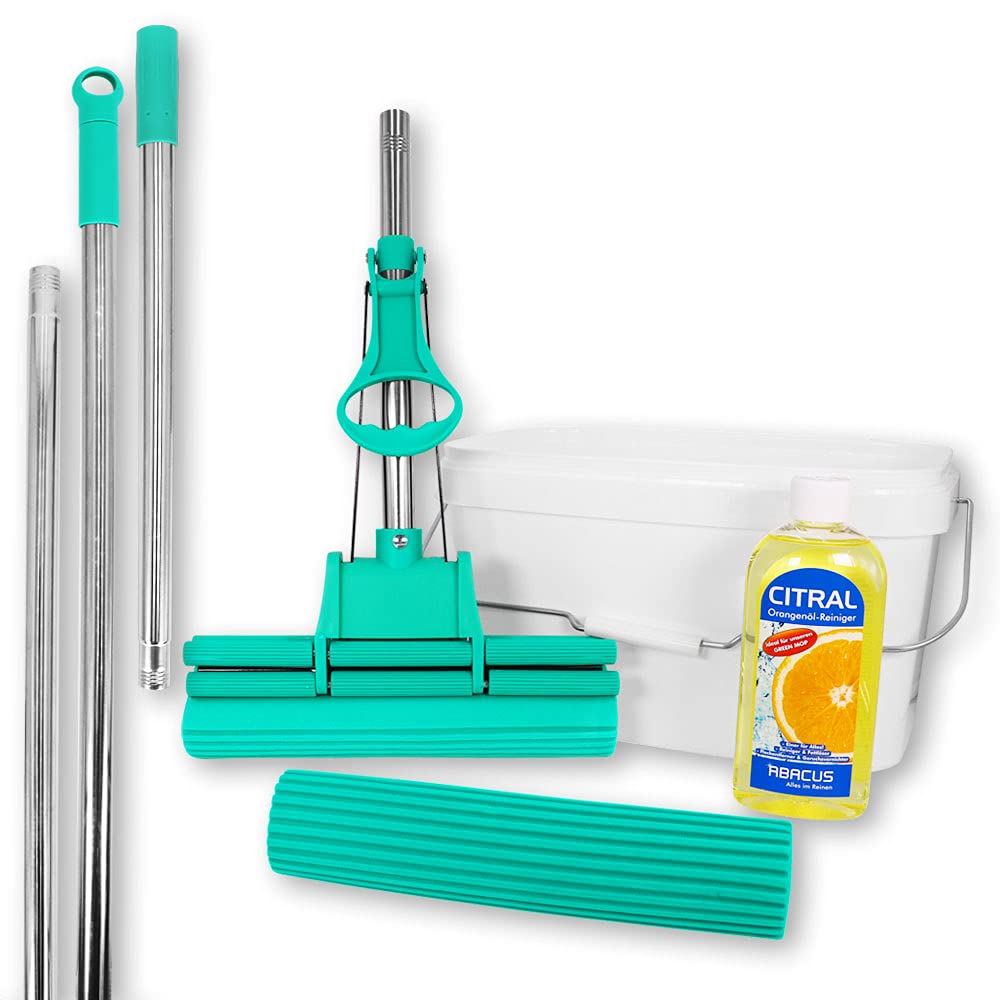 ABACUS Green Mop® 7810.2 - Cubo de Trapeador (30 cm, incluye esponja de repuesto con cubo, limpiador de aceite de naranja y mango alargador, 45 cm)