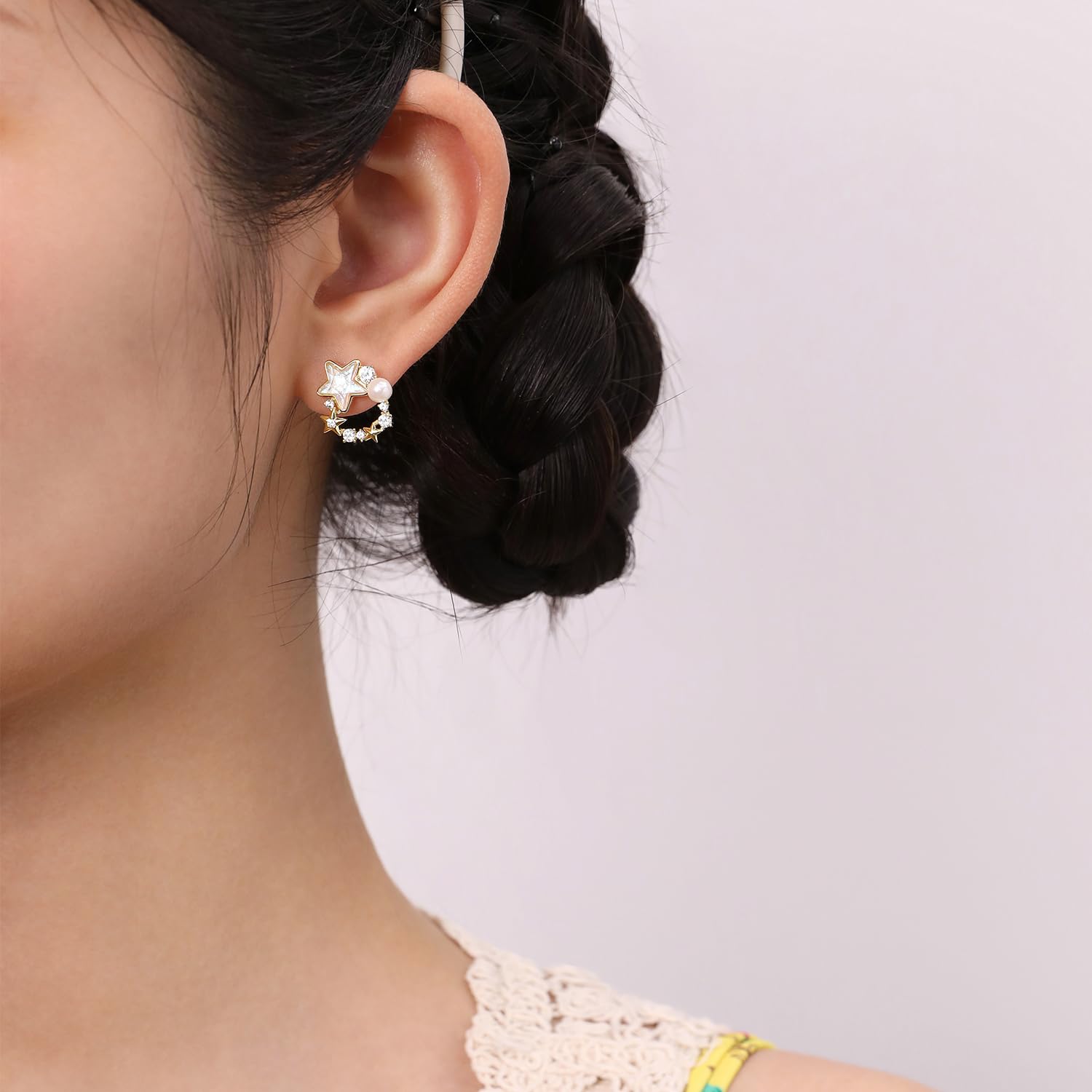 Meissa Orecchini a stella di perle fatti a mano per ragazze Tee Orecchini a perno plissettati d'oro Stella d'argento con zirconi Ipoallergenici, Argento