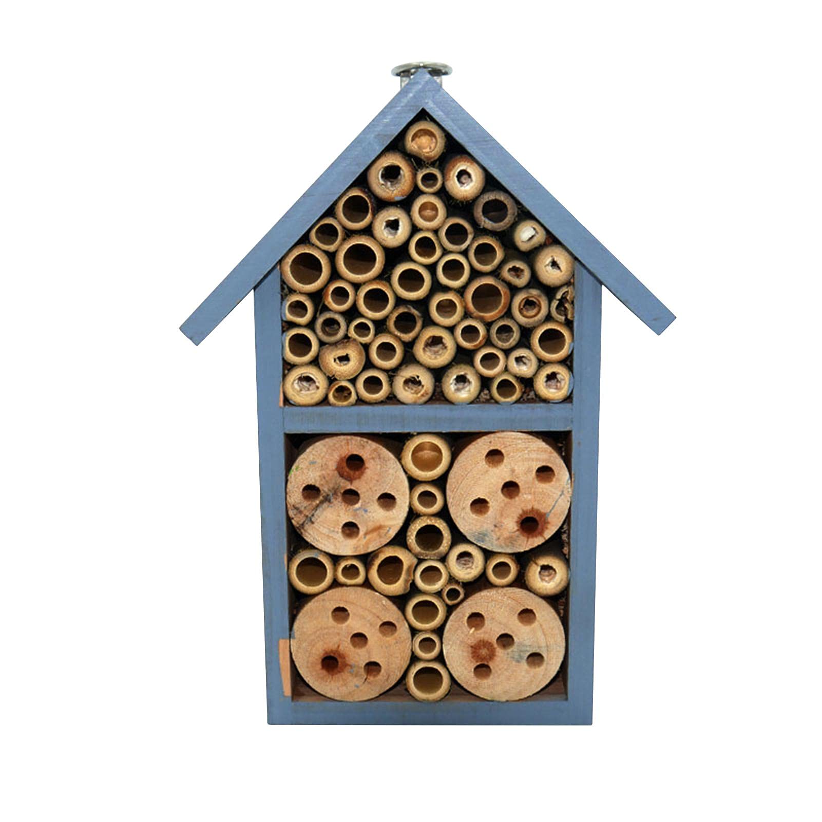 RunsmoothWooden Insect Bee Hotel, 12 x 7.5 x 23 cm Natural Eco-Friendly Wood Bug House Shelter for Bees Butterflies Ladybird Insects, for Outdoor Garden Nest Box, Blue