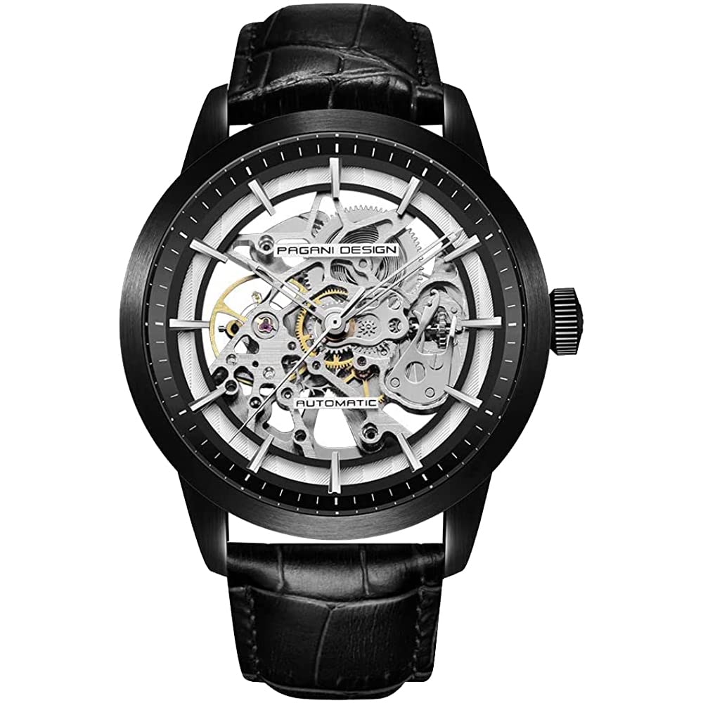 Pagani Design Men's Automatic Skeleton Watch, Self-Winding, Stainless Steel, Leather Strap, Pointer Series, Water Resistant to 100 Metres Men's Watch