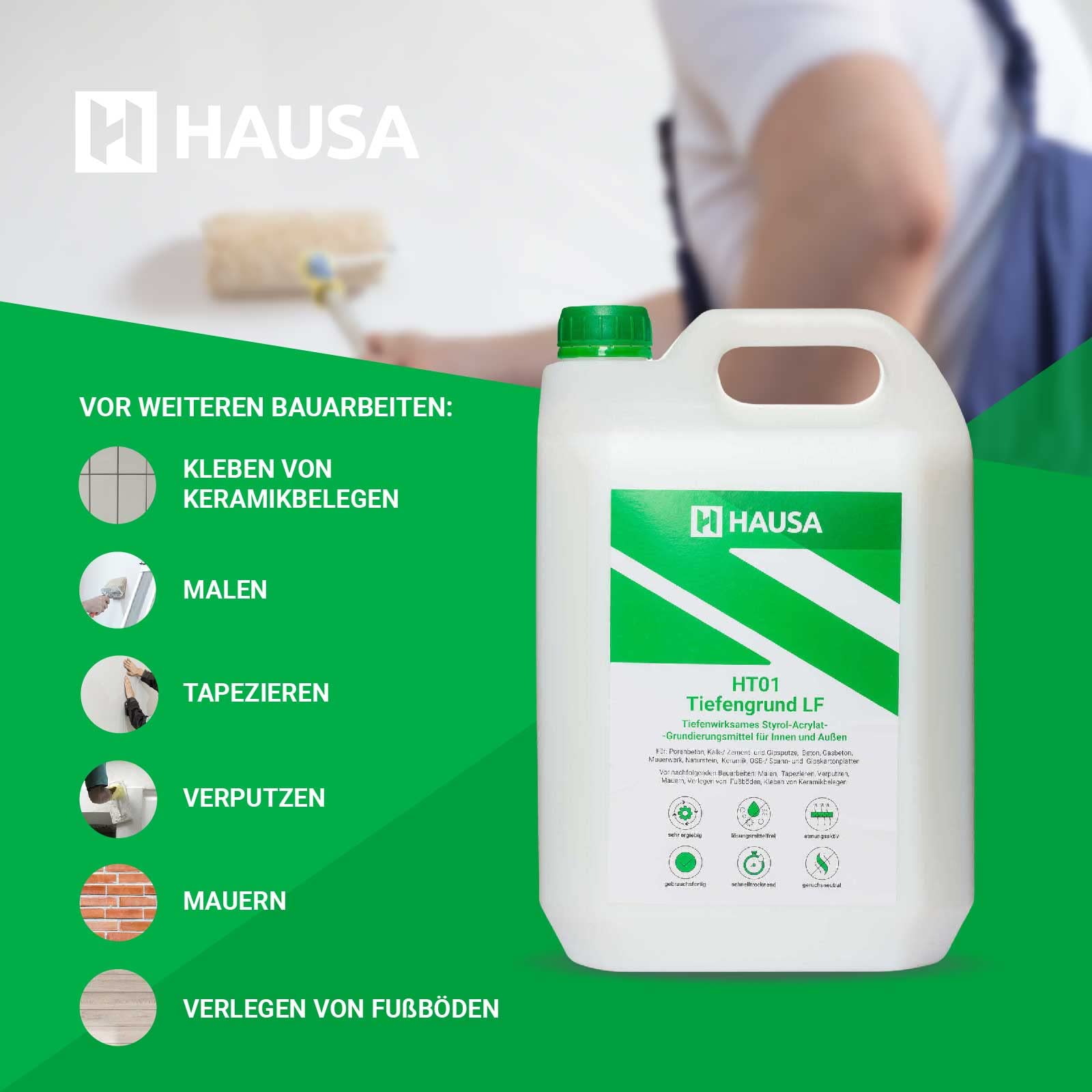 Hausa Fondamento profondo LF 5L pronto all'uso per interni, esterni, soffitto, rinforzato, compensa la capacità di assorbimento, base adesiva di alta qualità, senza solventi