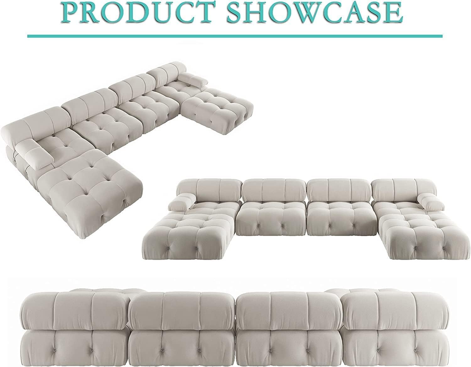 WJShome Modular Sectional Sofa,Velvet U Shaped Couch with Reversible Chaises,138.60 inch Minimalist Couch,4 Seater Free Combination Sofa with 2 Ottoman,Beige