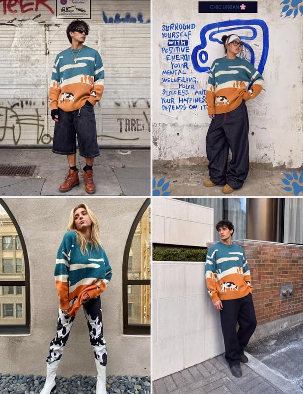 Image of Vamtac Mens Oversized Sweater Vintage Graphic Pullover Crewneck Knit Jumper Y2K Unisex Streetwear 2026 Fall Tops