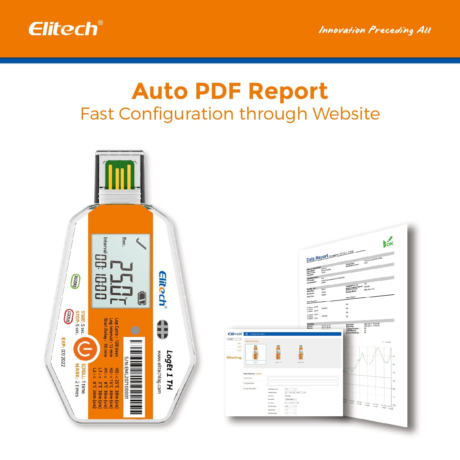 Elitech WHO PQS - Registrador de datos de humedad y temperatura de 120 días con sensor de luz, monitor de cadena fría de un solo uso (CCM) registrador de temperatura con informe PDF de 16000 puntos