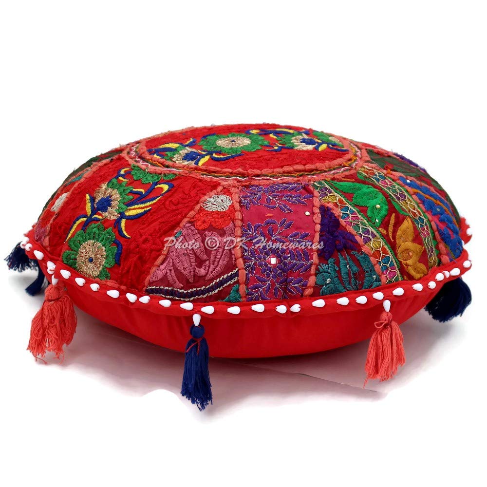 DK Homewares Indian Ethnic Floor Cushion for Kids Bohemian Red 18 Inch Patchwork Meditation Ottoman Stool Home Decor Embroidered Vintage Cotton Round Floor Pillow Adult 18x18