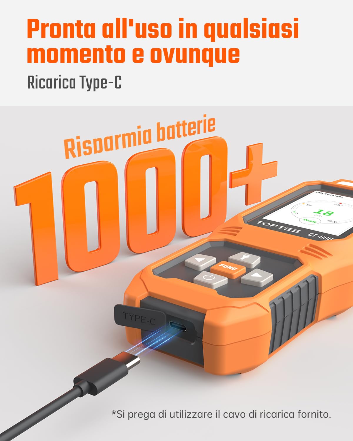 TOPTES CT-580 Rilevatore di monossido di carbonio, rilevatore di CO ricaricabile con allarmi a vibrazione, visivi e acustici, allarme CO portatile, 0-1000PPM per casa, auto, campeggio e viaggi