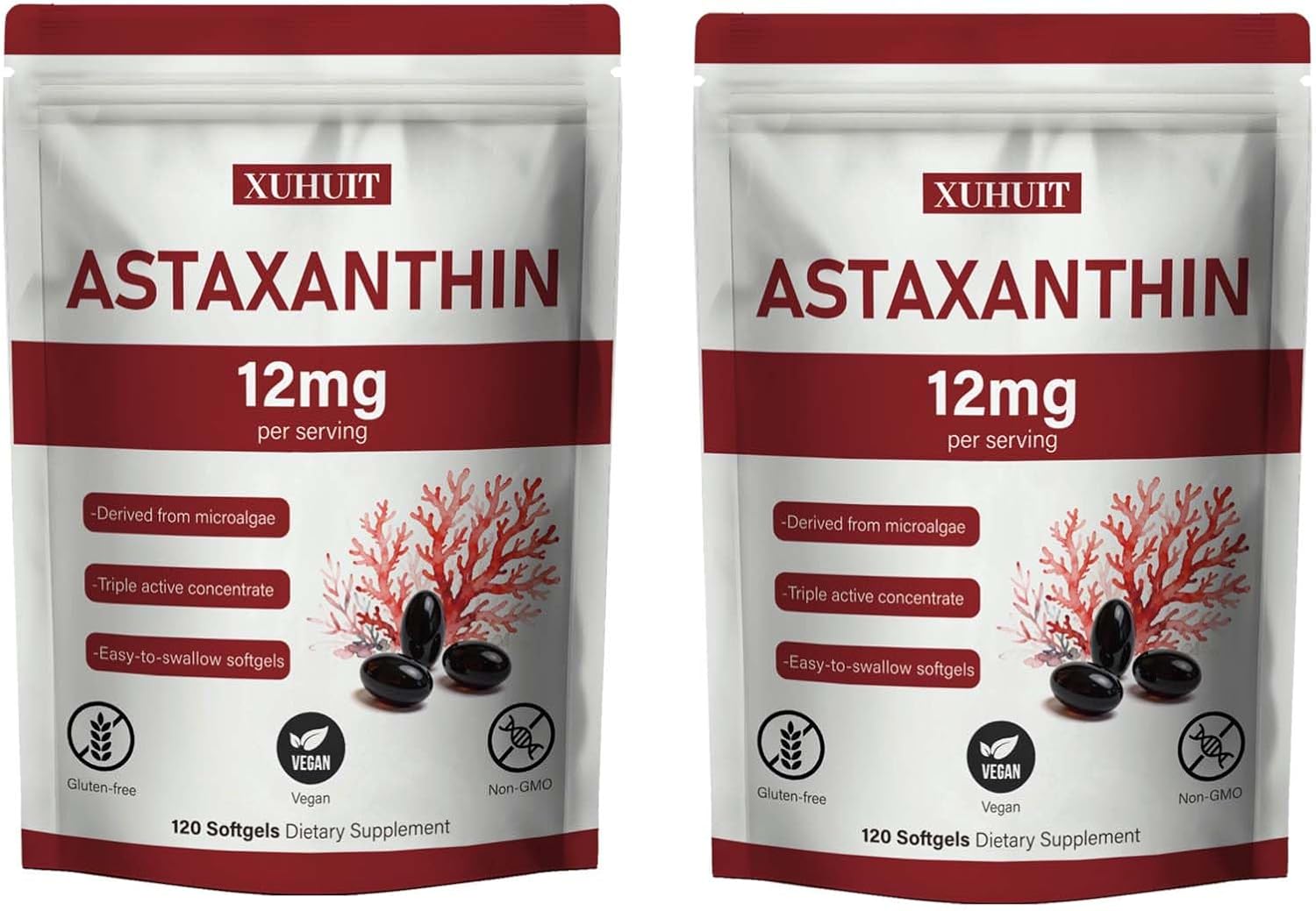 Astaxanthin 12mg Softgels | Natural Algae-Derived Botanical Extract (Haematococcus pluvialis) | Easy Swallow, Non-GMO, 120 Count per Bag (2)