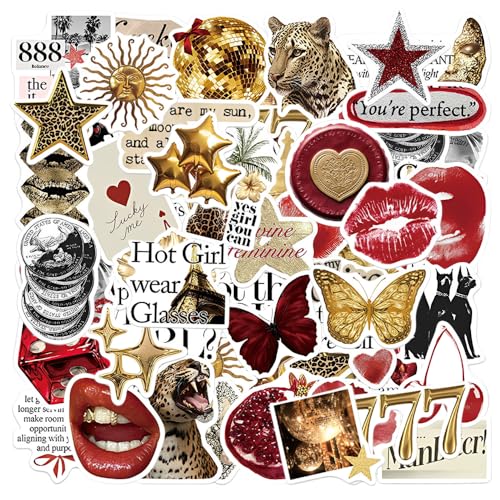 HMCEY 50 Pièces Autocollant Aesthetic Scrapbooking Rouge Doré,Journaling Stickers Vintage pour Bullet Journal,Rétro Autocollant Ordinateur Portable,Voyage...