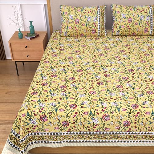 Image of India 100% Pure Cotton Jaipuri Printed Double Bedsheet with 2 Pillow Covers | Traditional Sanganeri Floral Design | Soft Breathable Fabric | King Size Bedsheet for Bedroom (Kaya44)