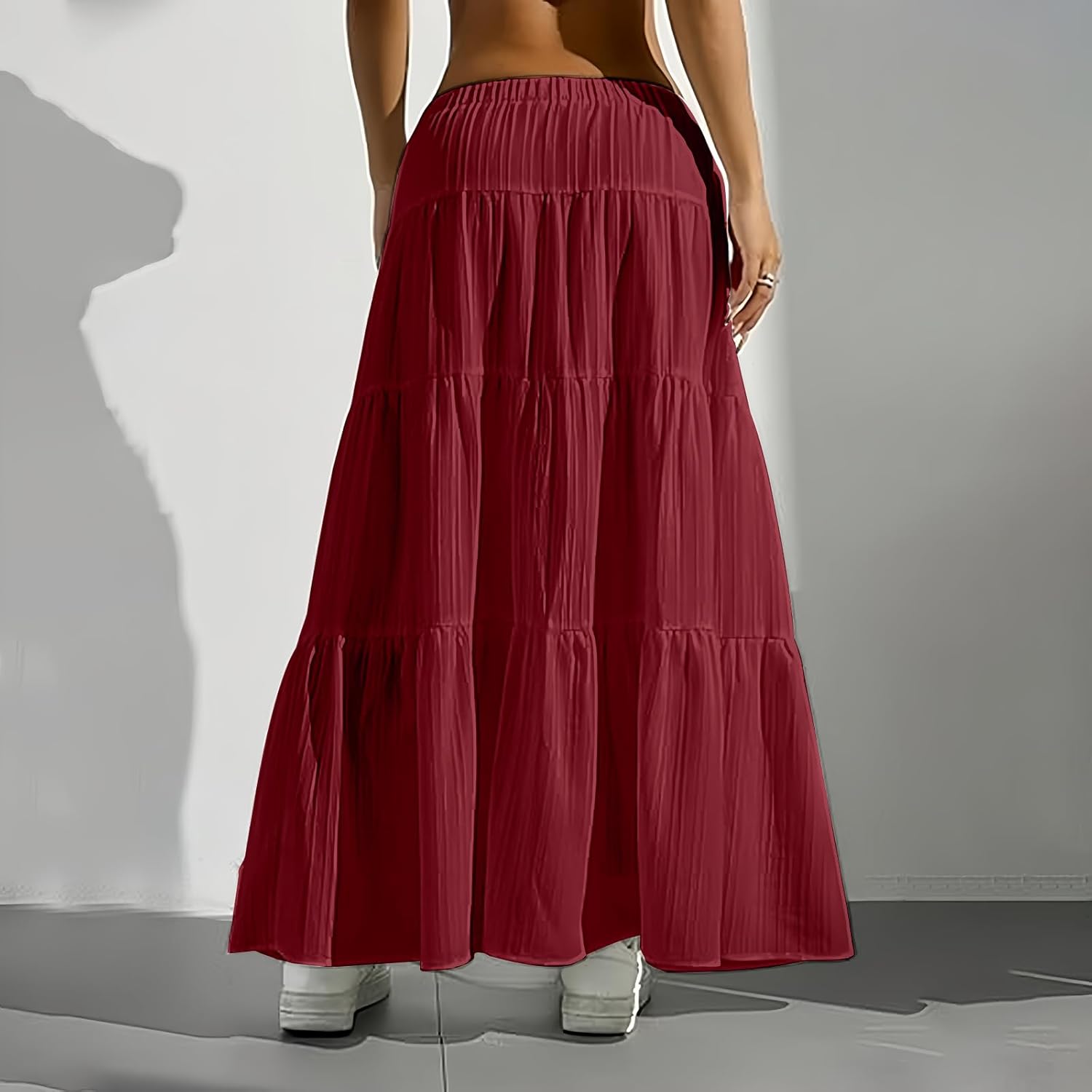 HOUZONIY Womens Maxi Skirt Flowy Elastic Waist Tiered Pleated A Line Summer Boho Trendy Cute Pull On Long Skirts - Image 4