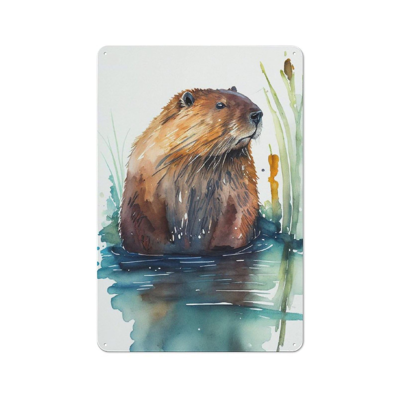 Junmoney Beaver Watercolor Rustic Metal Wall Sign 30X20cm For Kitchen Or Home Bar, Suited To Home Bar Enthusiasts