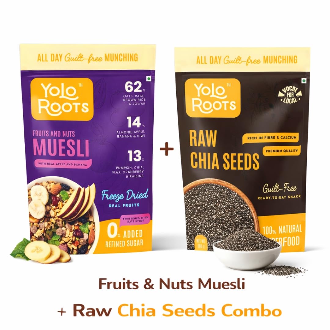 Yolo Roots Fruits & Nuts Muesli 400g & Raw Chia Seeds 200g Combo, No Added Sugar, High Fiber Breakfast Cereal & Omega 3 Rich Superfood Seeds, Healthy Snack with Oats (Pack of 2) 3