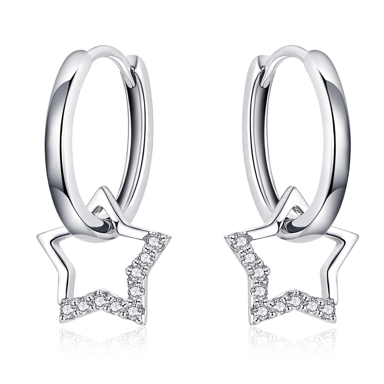 Qings Estrella Dangle Pendientes, Plata de Ley 925 Mujer Pendientes con Brillante Circonita Regalo de Cumpleaños para Mujeres Niñas