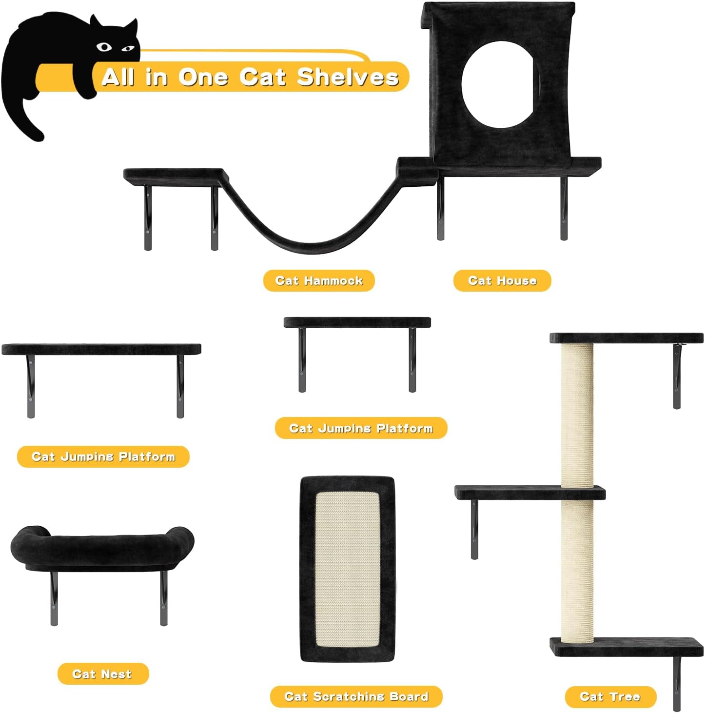 Wall Mounted Cat Climber Set, 6 Pcs Cat Furniture Set with House, Bridge, Steps, Scratcher Board and Hammock, Shelves for Indoor, Luxury Walls Furniture(Black)
