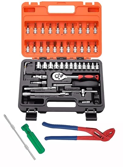 Digital Craft Multifunction Hand Tool Kit Car Ratchet Wrench Assembly Tool Household Repair Tools Automotive Set 46PC Socket Set,Water Pump Plier,6Inch 2 In 1 Screw Driver,