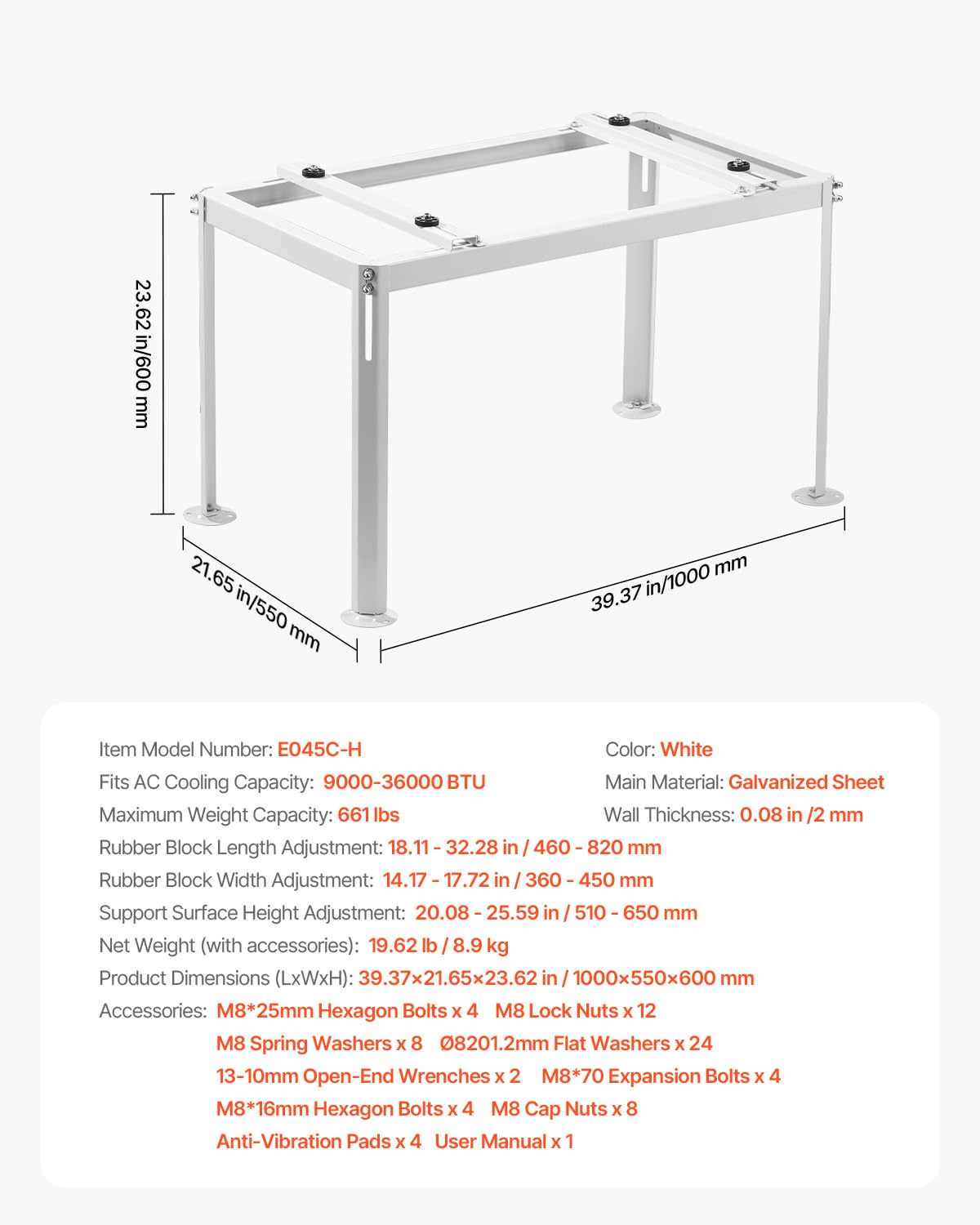 VEVOR Support au Sol pour Climatiseurs Split 9000-36000 BTU Réglable, Charge Maximale 300 kg, Conception Universelle, Réduction du Bruit et Vibration, Support de Base Robuste pour Climatiseur Split