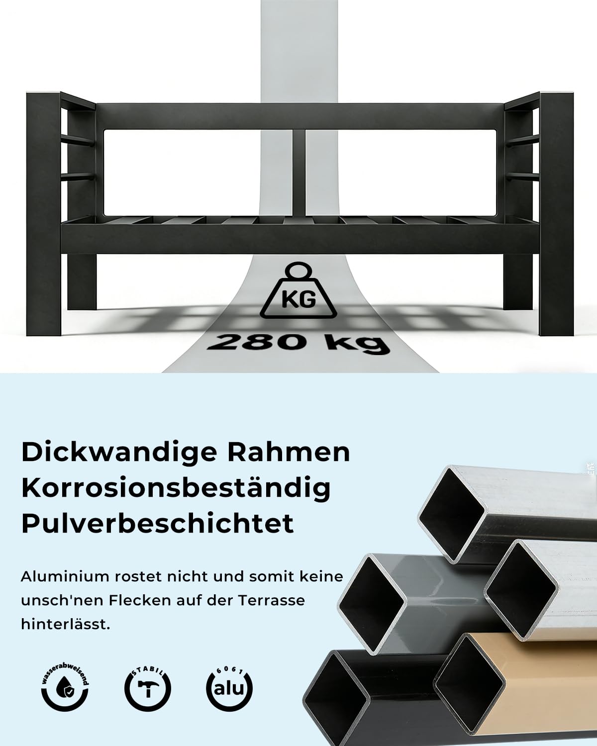 LANOX Gartensofa Gartenmöbel Set 2 Sitzer aus Aluminum,128×65×66 cm, inkl. Sitz- und Rückenkissen, Wetterfest Outdoor Sofa für Balkon Terrasse Garten, Schwarz