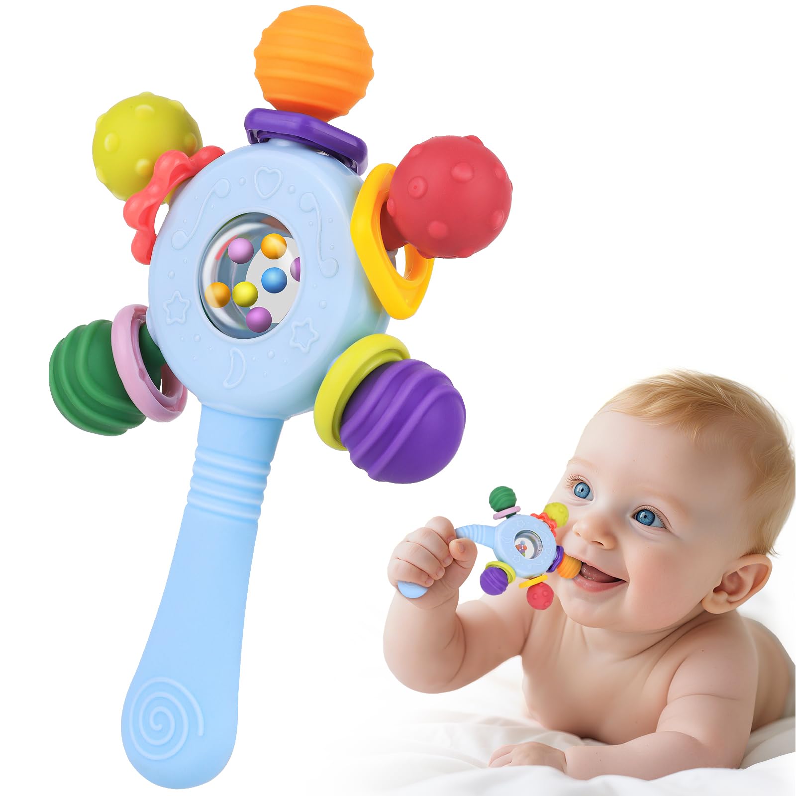 Baby Toys 0-6 Months,Sensory Toy for Baby 0-6 Months Montessori Rattle Early Educational Teething Toys for Babies Teether Chew Partner Gift for Newborn Boys and Grils (Blue)