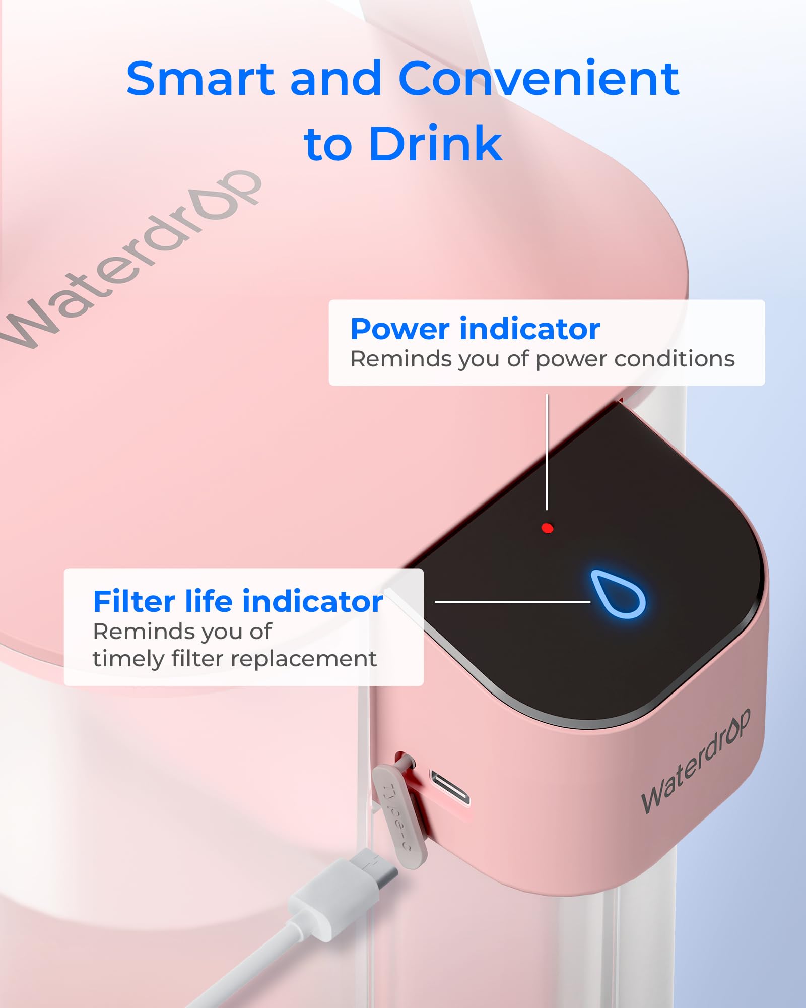 Waterdrop Instant Eletric - Brocca per acqua potabile, 3,5 l, 3 mesi, sistema per acqua potabile, riduce cloro, piombo, mercurio, PFAS, PFOA/PFOS, rosa (con 1 filtro da 757 litri)