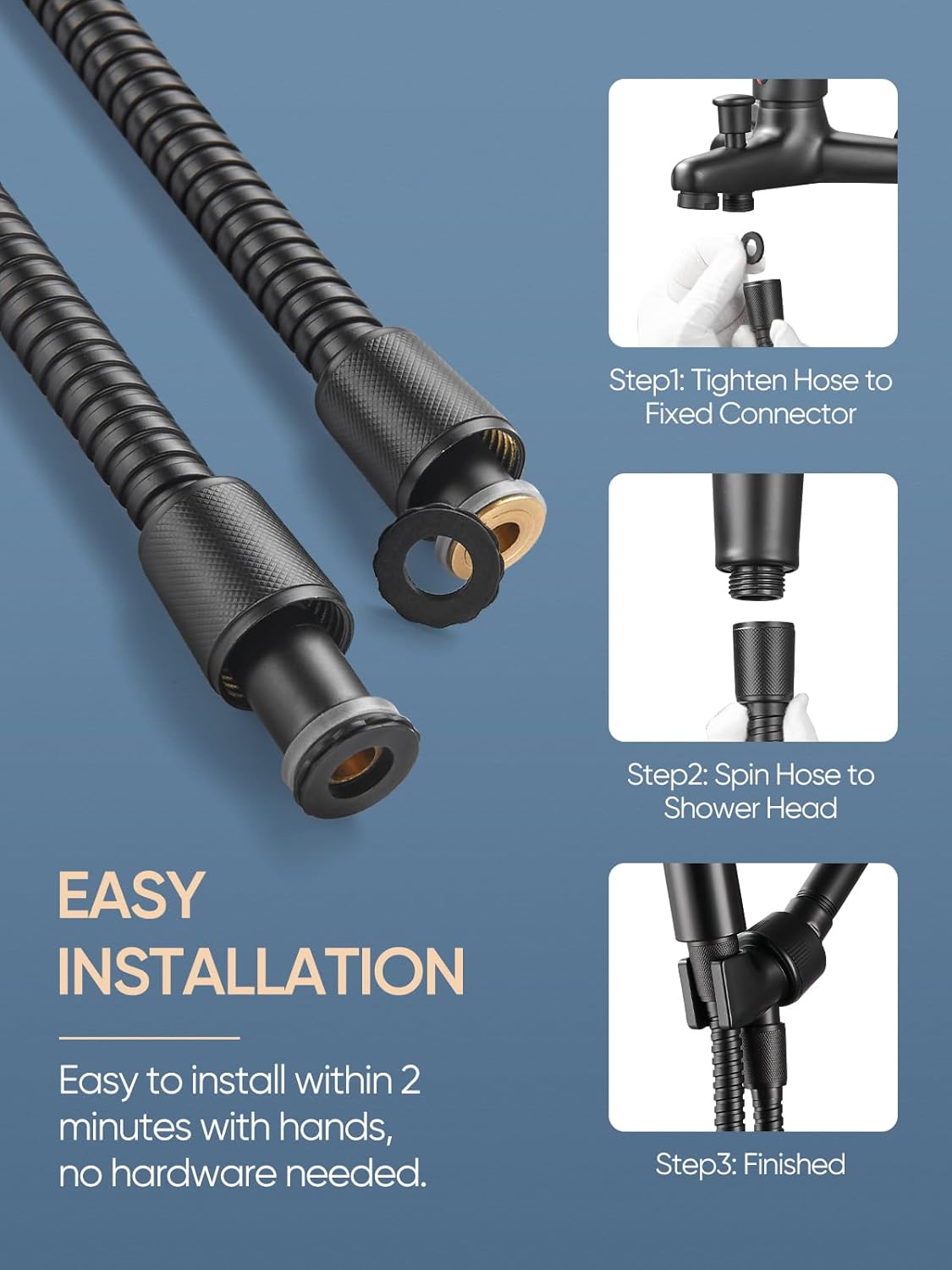 Cobbe 70" Shower Hose Extra Long, Handheld Shower Head Extension Hose Replacement with Gaskets & Sealing Tape, 304 Stainless Steel Hose for Bathroom, RV (Matte Black)
