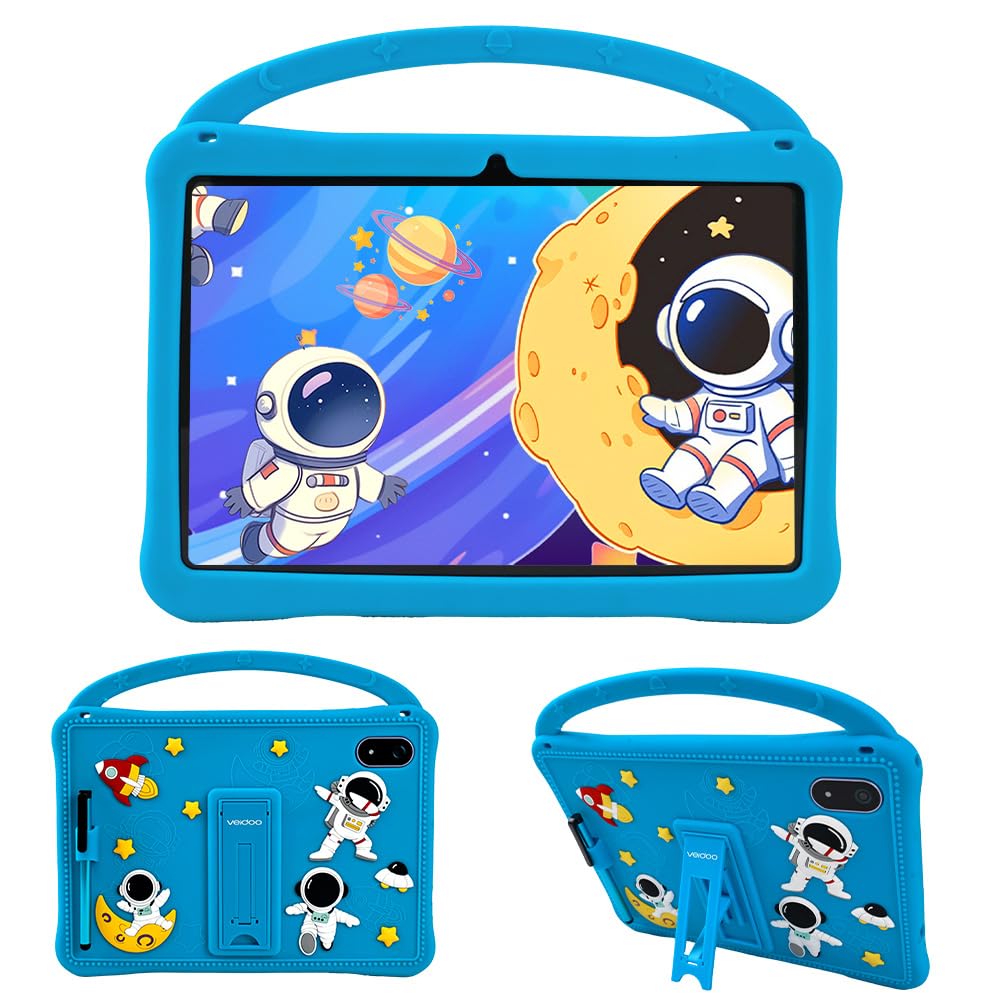 Veidoo Tablette Enfant 10,1" Android 15, 11 Go RAM (3 Go + 8 Go Ext.), 64 Go ROM, WiFi 6, Contrôle Parental, Stylet, Reconnaissance Faciale, Coque Anti-Choc, Jeux Éducatifs (Bleu)