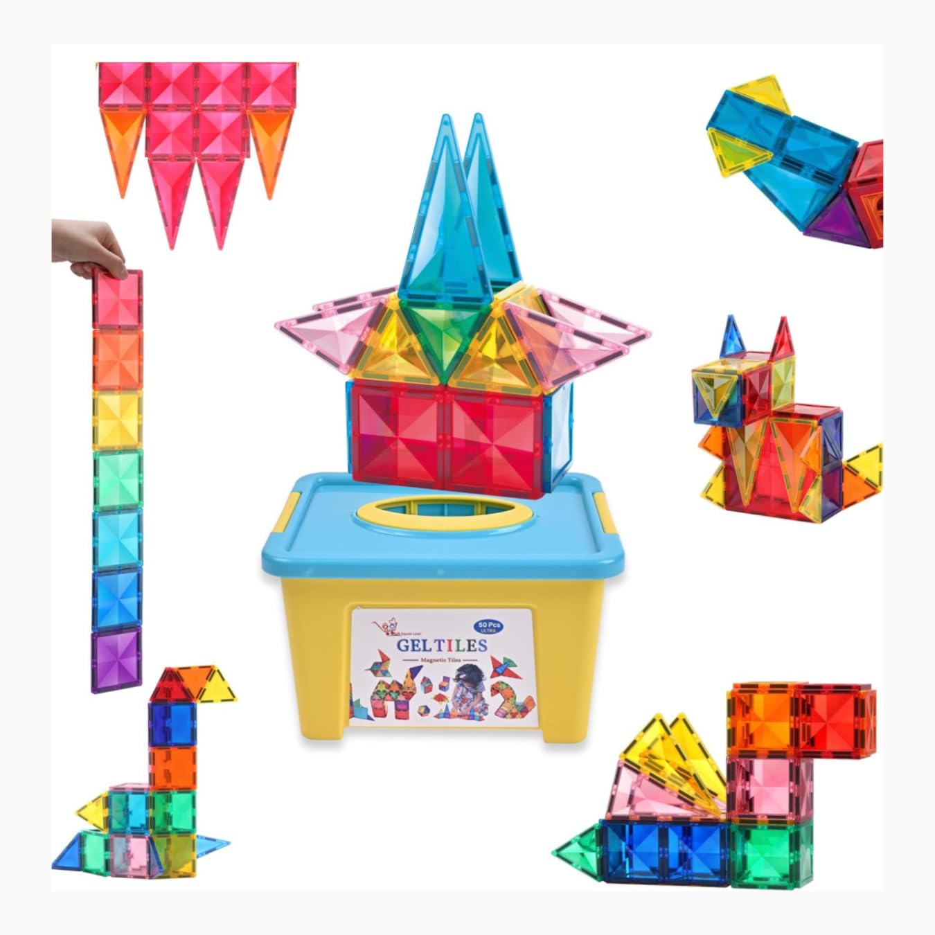 GELTILES - 50 pcs Set of Magnetic Building Tiles, Magna Constructing and Creative Learning Educational Next Generation Multicolor STEM Toy for Kids 3+ Boys and Girls with Storage Box-picture-10
