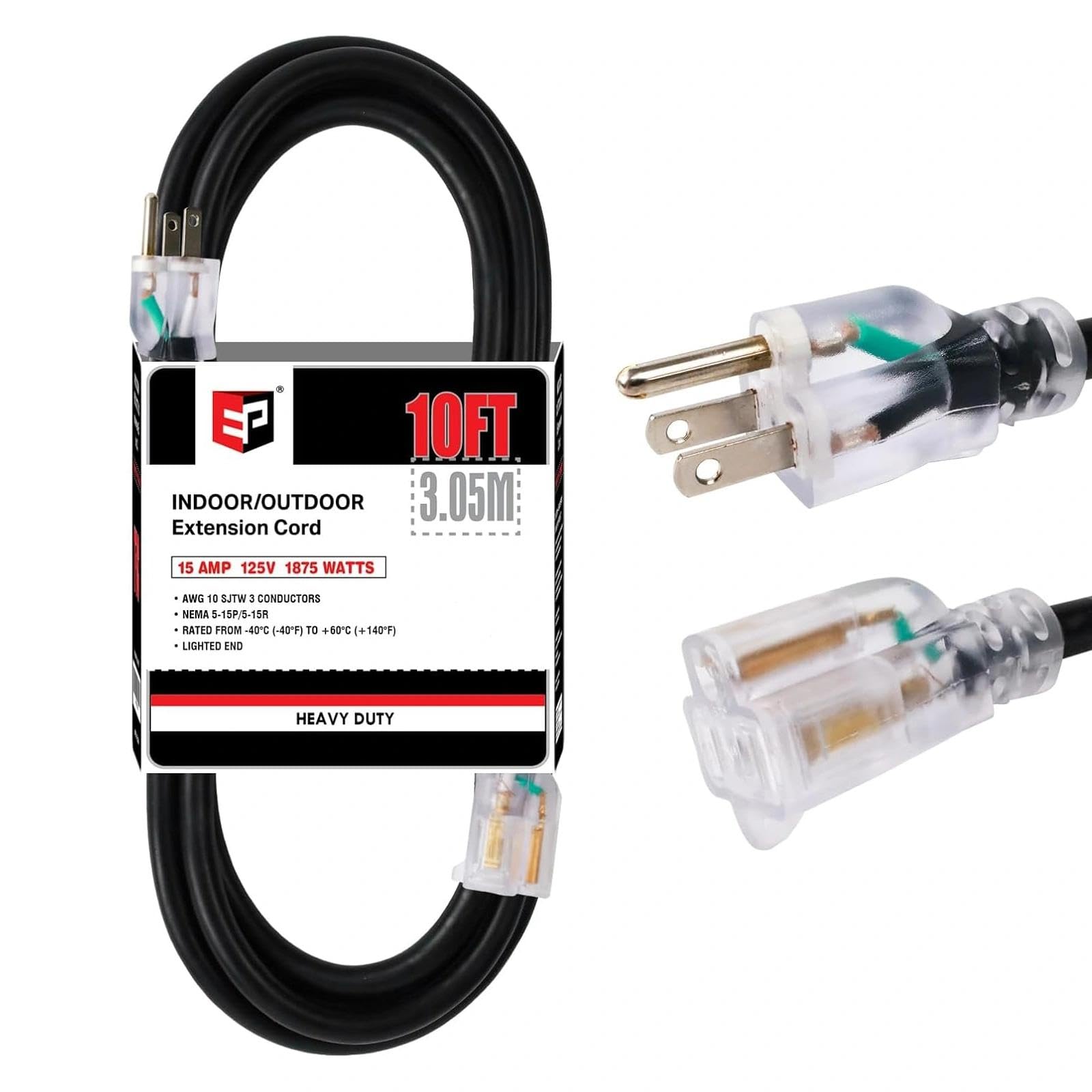 EP 10 ft Lighted Outdoor Extension Cord - 10/3 SJTW Heavy Duty Black Extension Cable with 3 Prong Grounded Plug for Safety, UL Listed