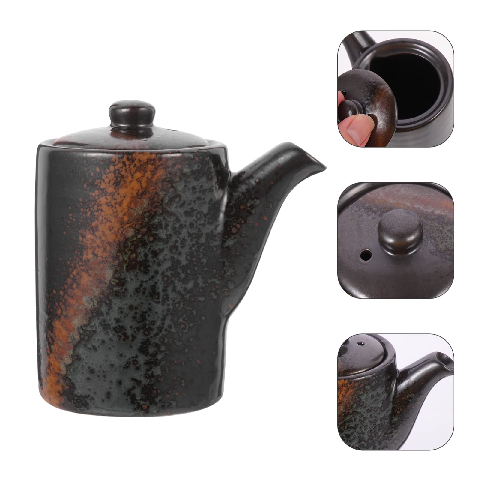 CALLARON Syrup Dispenser Japanese Ceramic Soy Sauce Dispenser Olive Oil Bottle Vinegar Cruet Earthenware Shoyu Container Pourer Liquid Condiment Pot Jar With Lid 200ml Salad Dressing Container