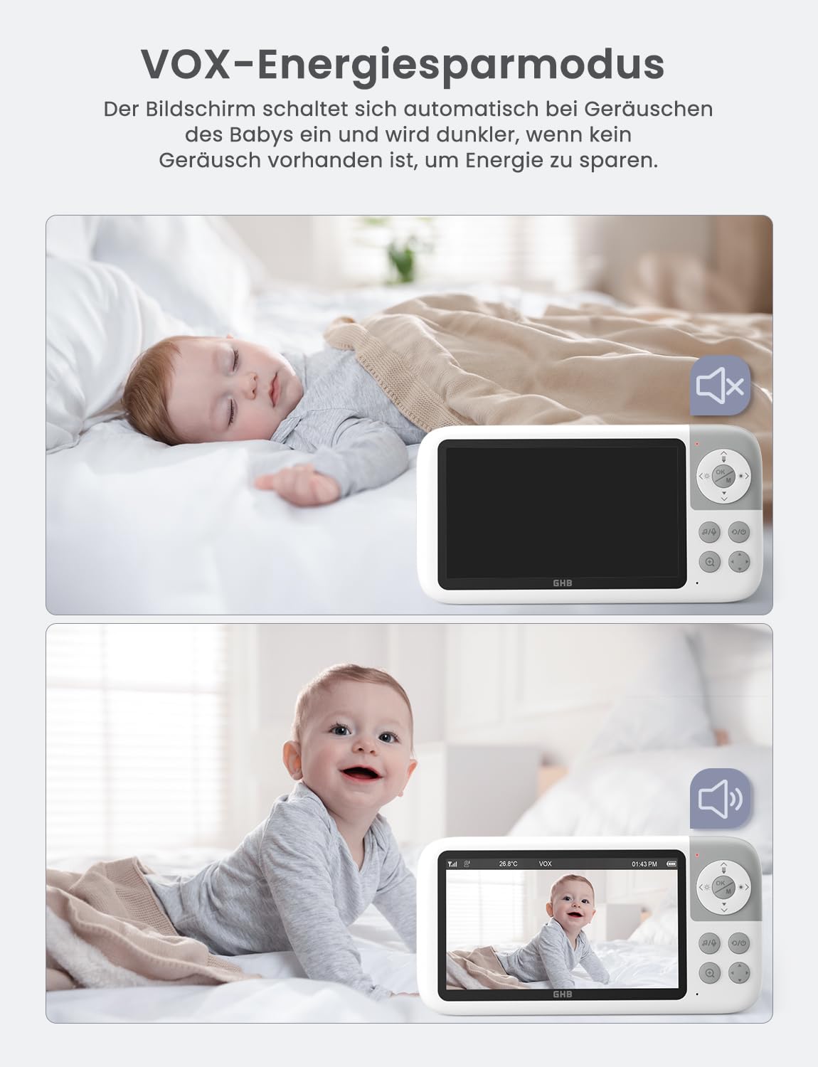 GHB Babyphone mit Kamera 5'' HD IPS Bildschirm 720P 3050mAh VOX Modus 3X Zoom Nachtsicht Gegensprechfunktion 8 Wiegenlieder 4 Kamera Unterstützt