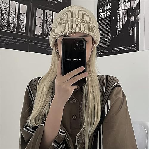 TYHOTULY Gothic Beanie Hats for Women Men Winter Y2k Metal Rings Knit Skull Cap Emo Grunge Punk Streetwear Trendy Accessories (Beige,One Size) — view 3