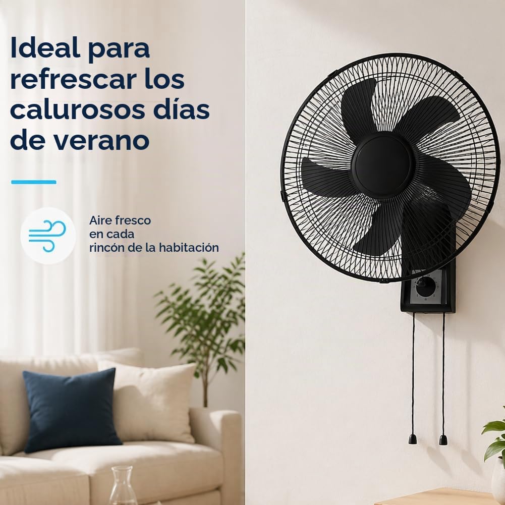 BAKAJI Ventilador de pared con rejilla de 43 cm, 3 niveles de velocidad seleccionables, 5 aspas, 65 W de potencia con oscilación lateral automática