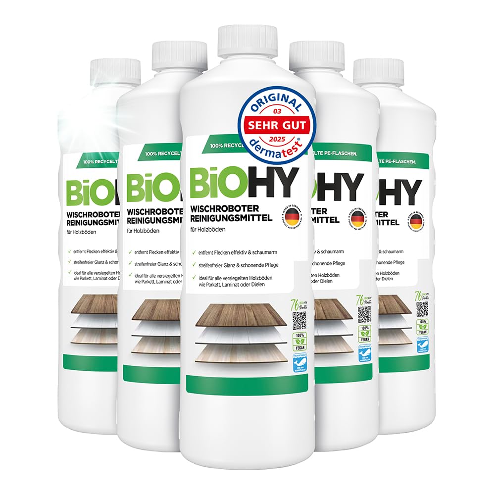 BiOHY Agent de nettoyage des robots d’essuyage (6 x 1l Bouteille) | Nettoyant pour tous les planchers en bois | pour parquet et stratifié | Concentré économique (Wischroboter Holz)