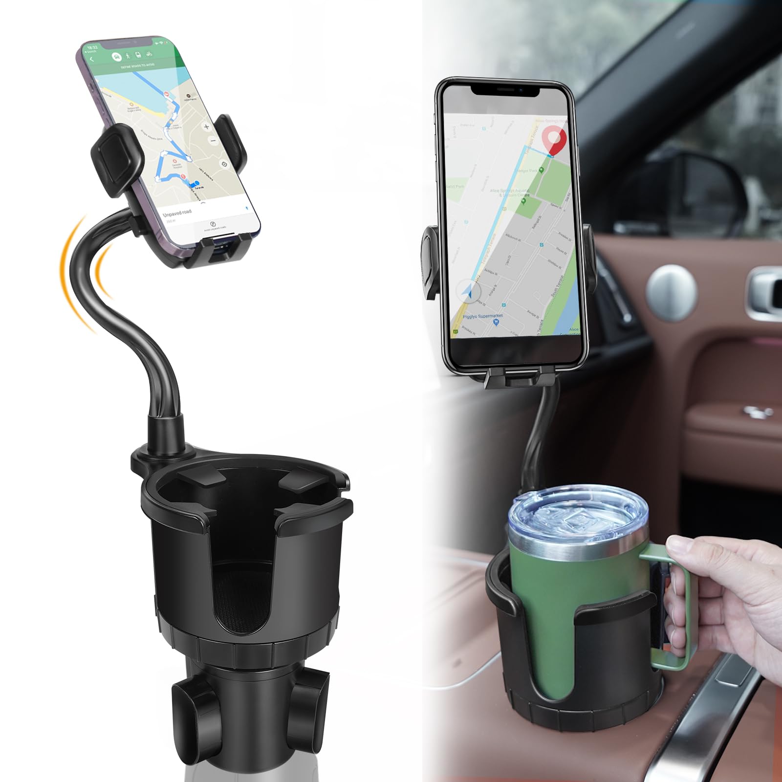 DEGUM Car Cup Holder Expander with Phone Mount, [Super Stable & No Shaking] 2 in 1 Upgraded Thick Gooseneck Cup Holder Car Mount, Adjustable Base Cell Phone Holder Cradle for All Smartphone