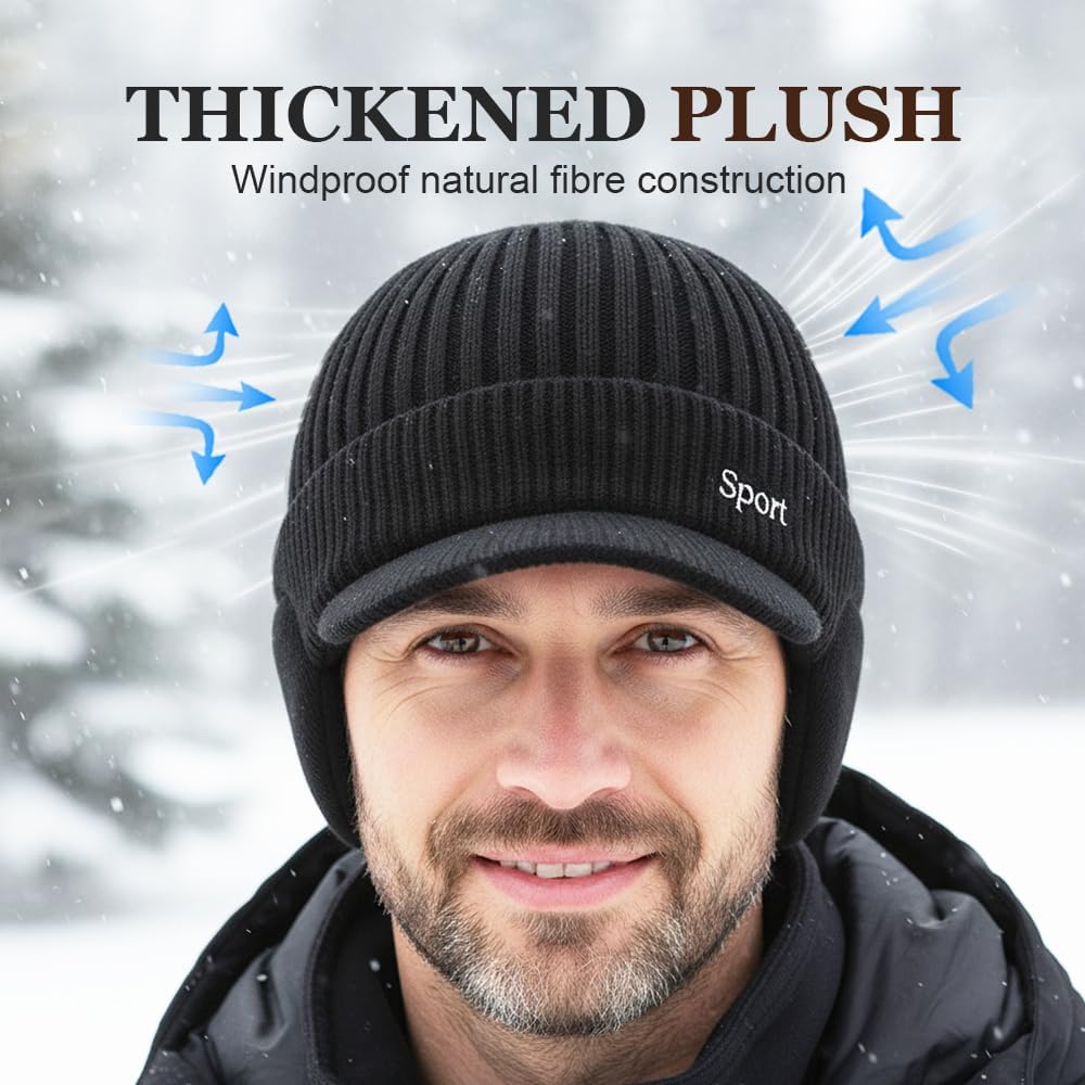 Winter Beanie with Brim and Ear Flaps, 2026 New Outdoor Warm Fleece Lined Knit Hat Stocking Caps for Men Women - Image 3
