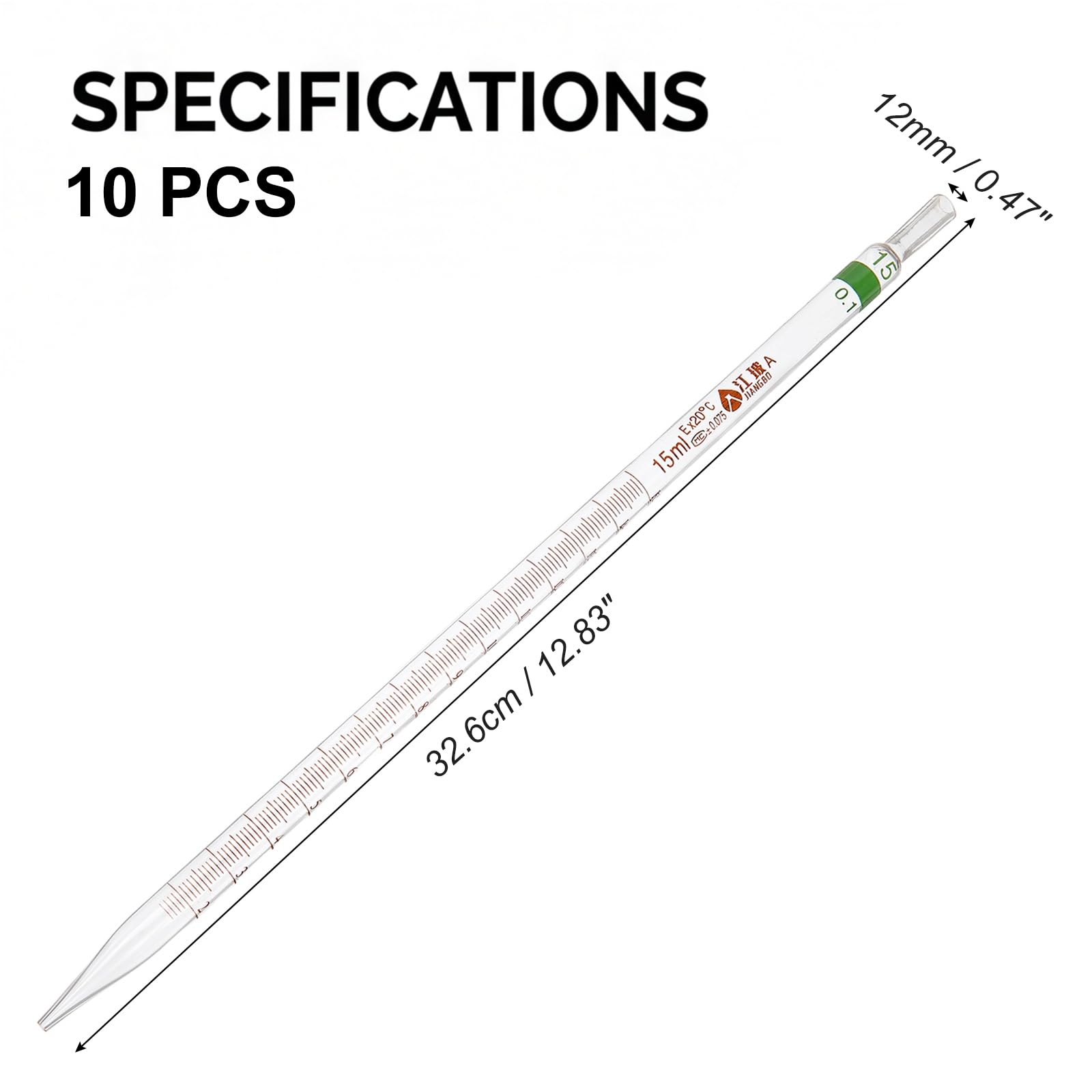 PATIKIL Pipette graduate 15ml +/- 0,08ml 10 Pz Vetro borosilicato
