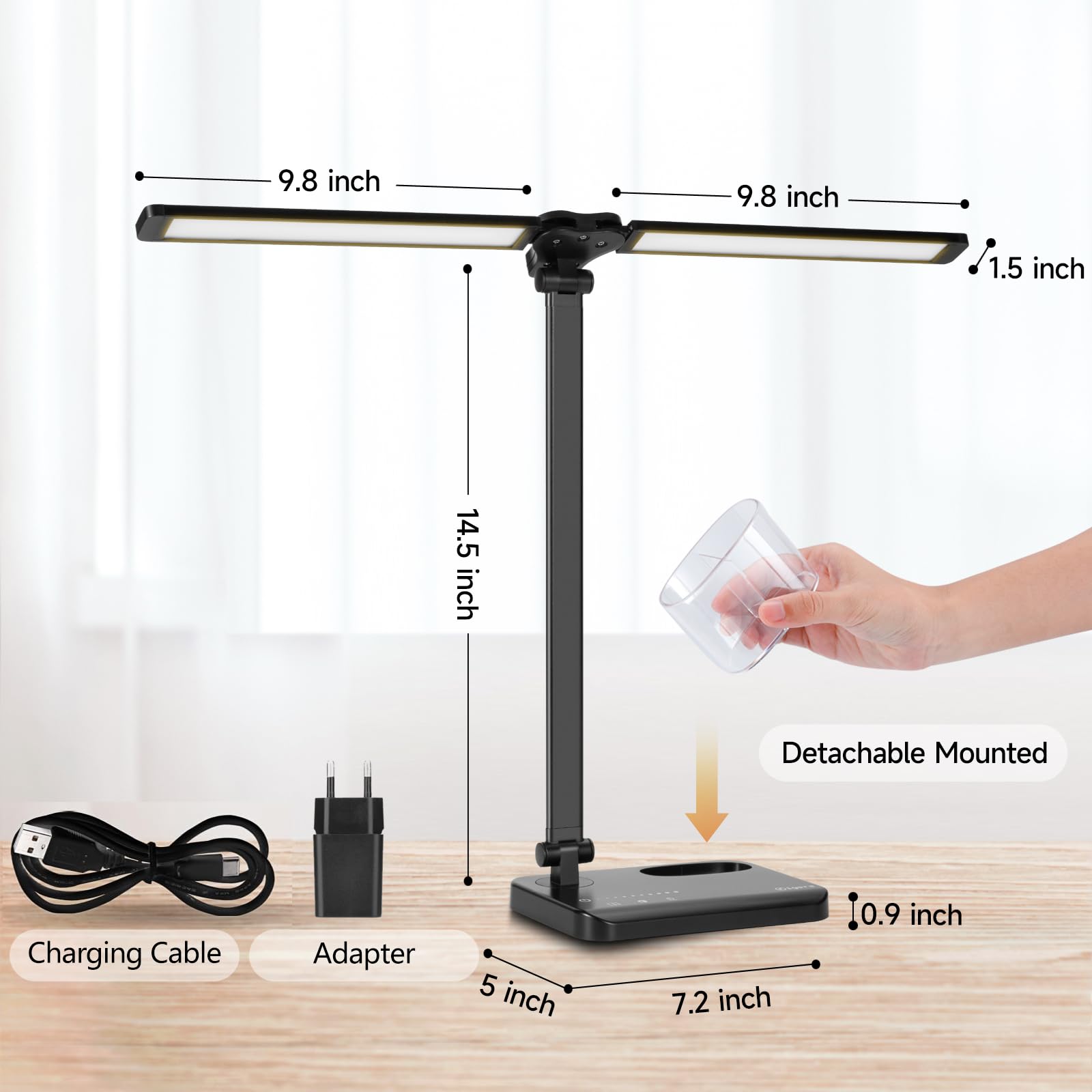 rigors Lampada da Tavolo Doppia Testa con Adattatore, 10 livelli di luminosità 5 modalità di illuminazione, Lampada da Scrivania con porta di ricarica USB e Timer 45 minuti per Ufficio, Monito