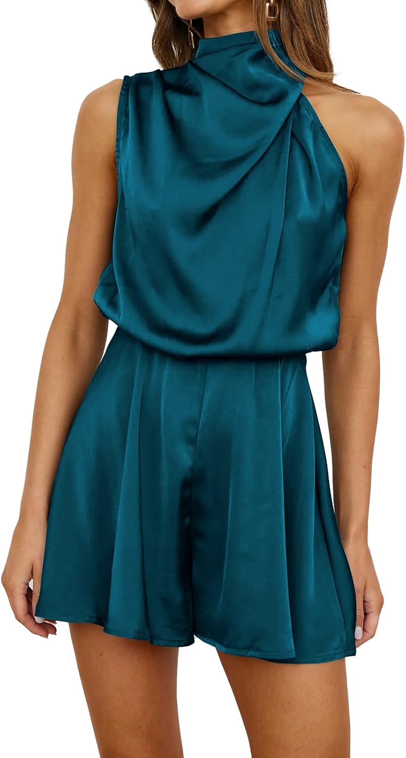 ABEWIP Women's Satin Mock Neck Romper Summer Sleeveless Elastic Waist Casual Beach Party Short Jumpsuit
