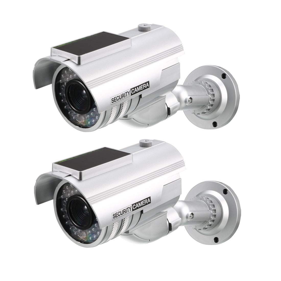 N/A Faux Caméra De Sécurité Solaire Alimenté Système De Surveillance CCTV Factice avec Clignotant Rouge LED Voyant D'avertissement, Autocollant pour La Maison Extérieure Intérieure Argent 2 pcs