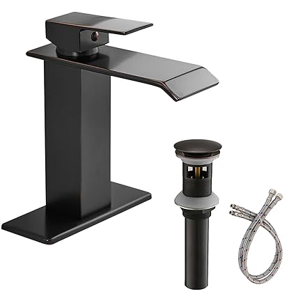 Homevacious Bathroom Faucet Oil Rubbed Bronze Waterfall Sink Single Hole With Pop Up Drain Vanity Lavatory Basin Mixer Tap One Handle With Overflow Supply Line Lead-Free