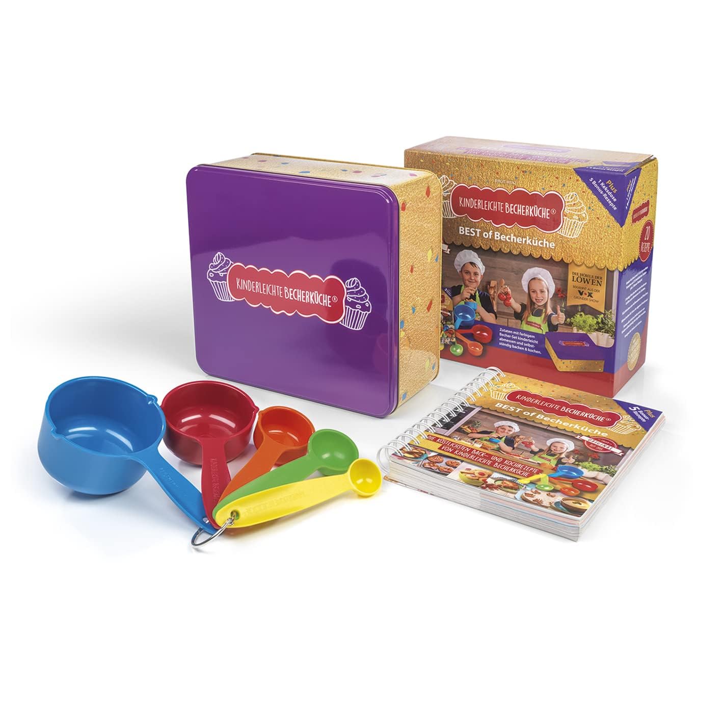 Set di 5 bicchieri colorati in contenitore per biscotti con 20 ricette
