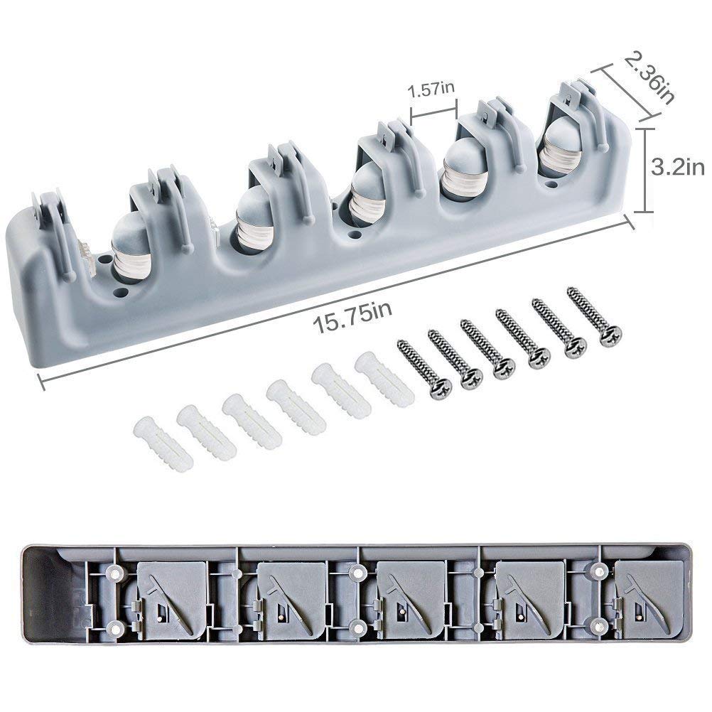 SAVICOS - Soporte para fregona y escoba, multiusos, montaje en pared, resistente, organizador de herramientas, ganchos de almacenamiento, ideal para colgar escobas, para cocina, jardín y garaje, lavandería, 5 posiciones con 6 ganchos 3