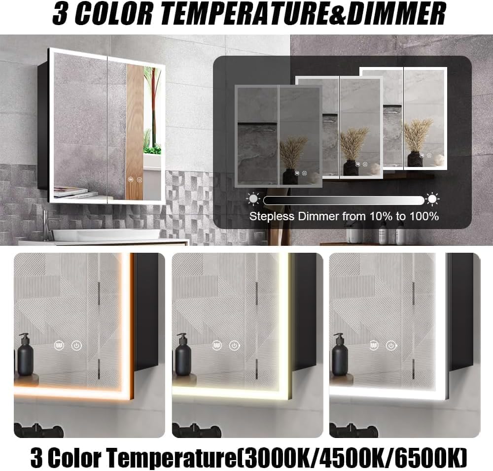 LED Medicine Cabinet with Light,30×32inch,Recess Mirror Cabinet for Bathroom,3 Color,Dimmable,Demister,Detachable Side Plate,Recess Mount or Surface Mount